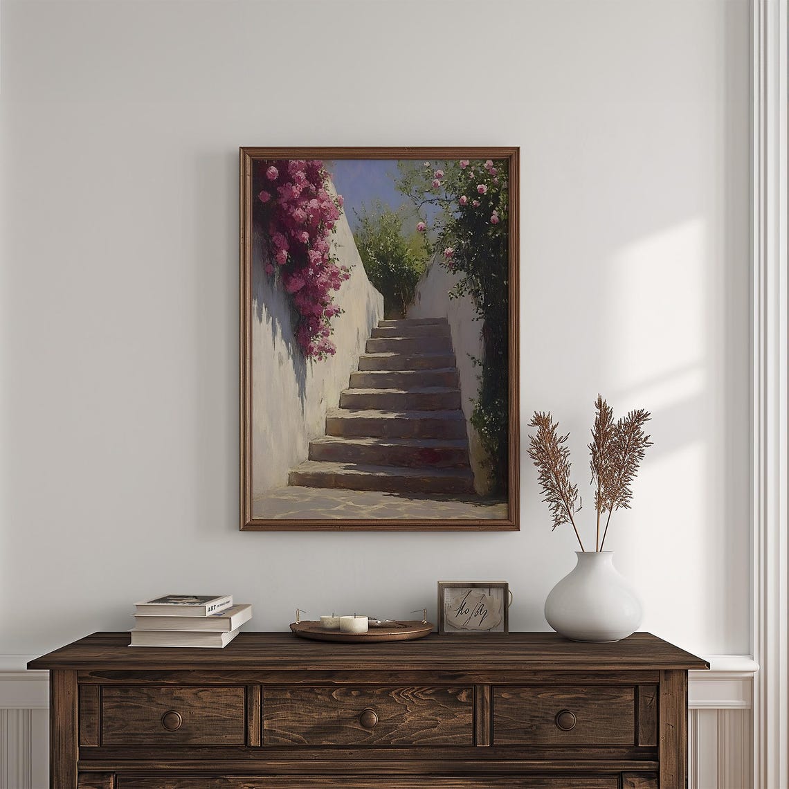 Sunlit Stone Stairway Bougainvillea White Walls Mediterranean Poster - Image 4