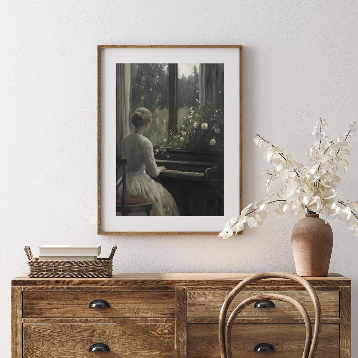 Woman At Piano White Dress Window Garden Moody Interior Oil Poster - Image 7