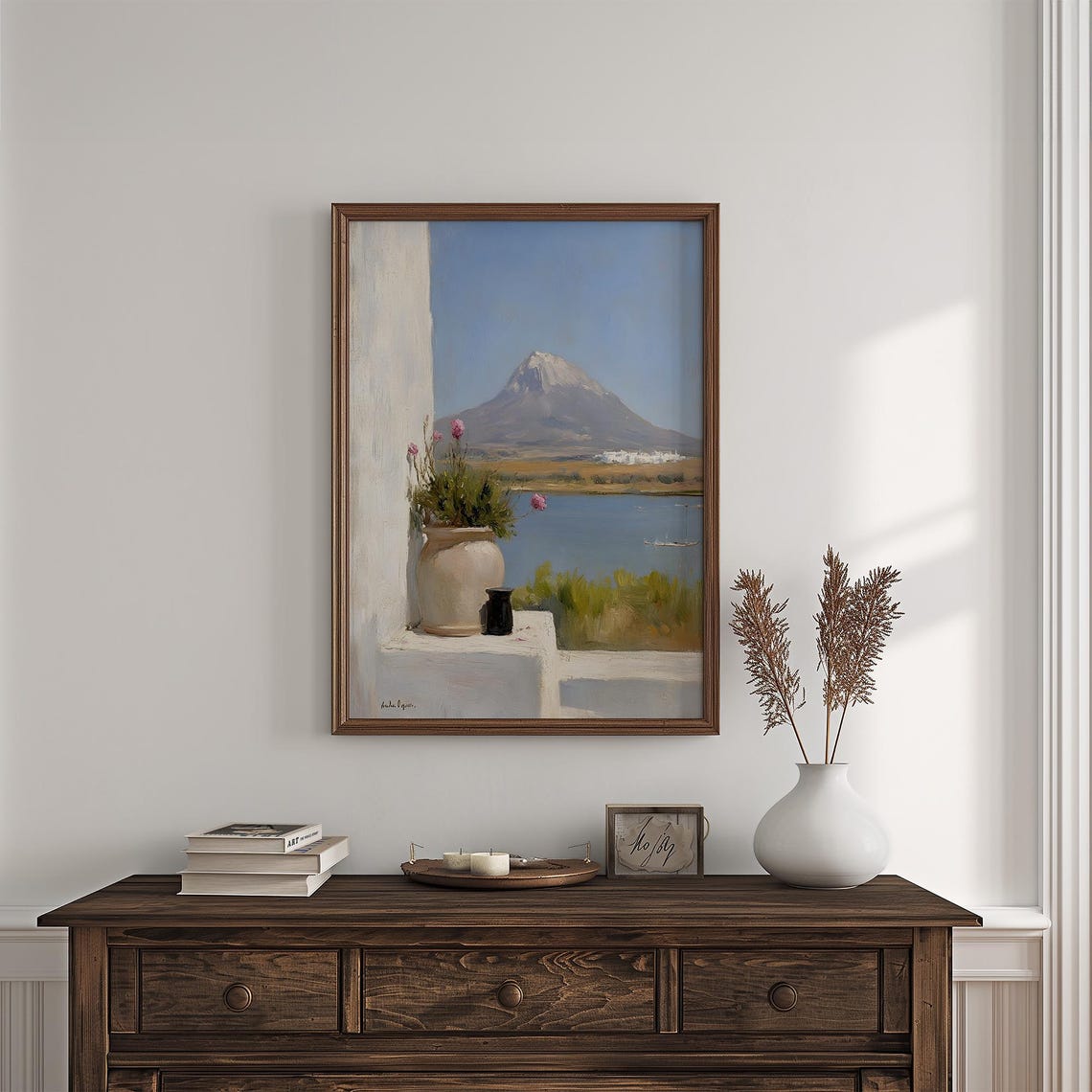 Mountain Lake Flowers Vase Village Spring Meadow Scenery Oil Poster - Image 4