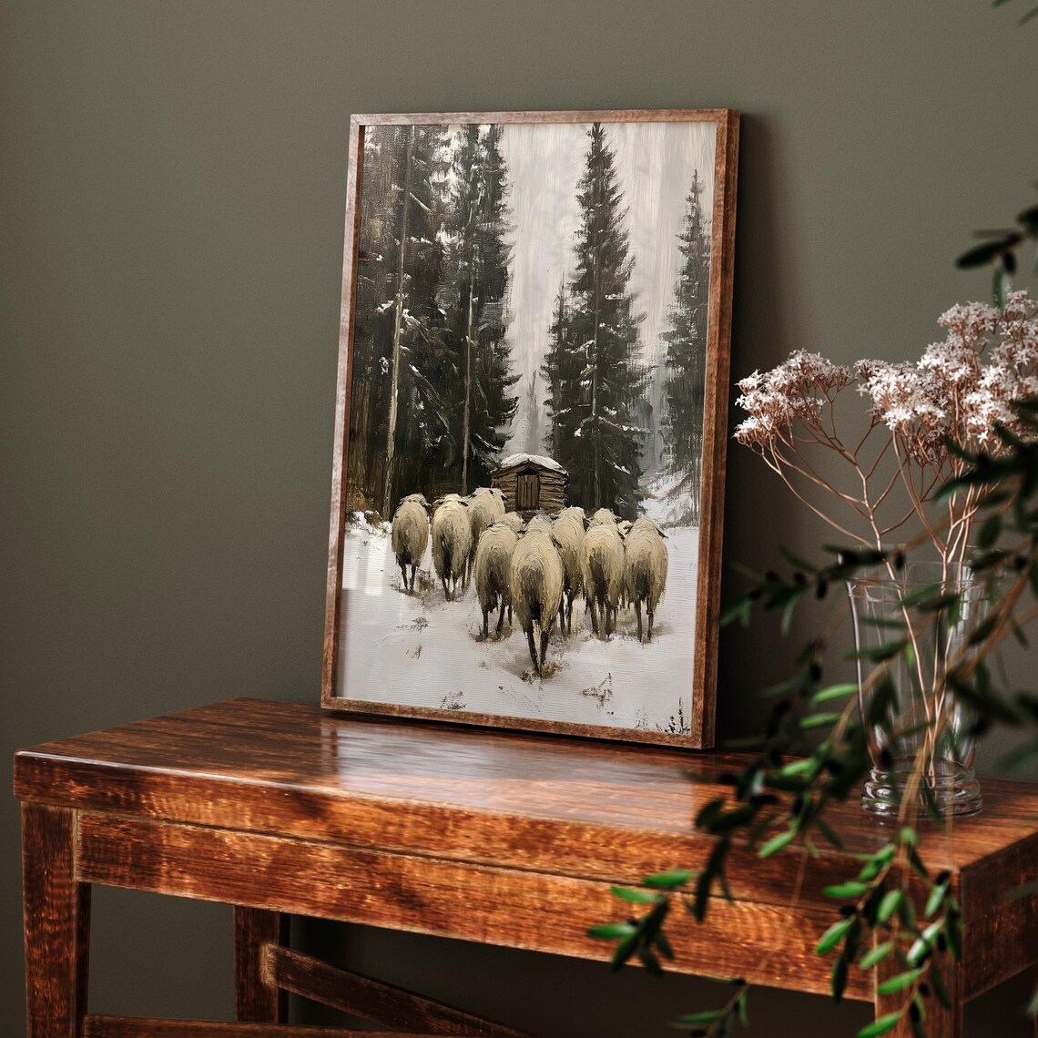 Sheep Flock Walking To Cabin In Snowy Pine Forest Vintage Winter Art Poster - Image 7