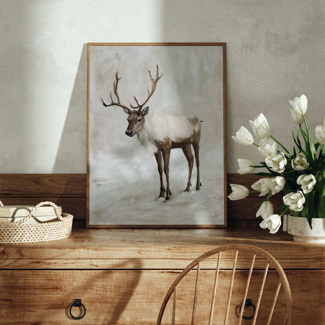 Standing Reindeer In Snow Neutral Toned Vintage Winter Animal Poster - Image 3