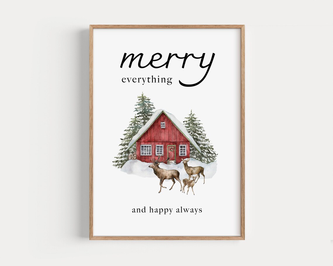 Merry Everything Red Barn Deer Watercolor Christmas Scene Poster - Image 3