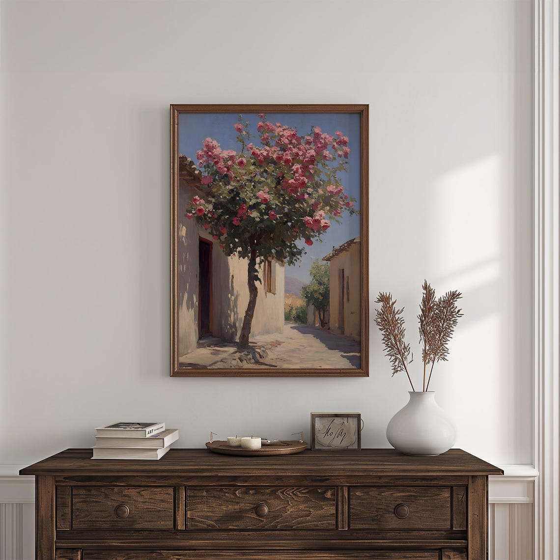 Blooming Rose Tree Mediterranean Street Sunlit Village Scene Poster - Image 4