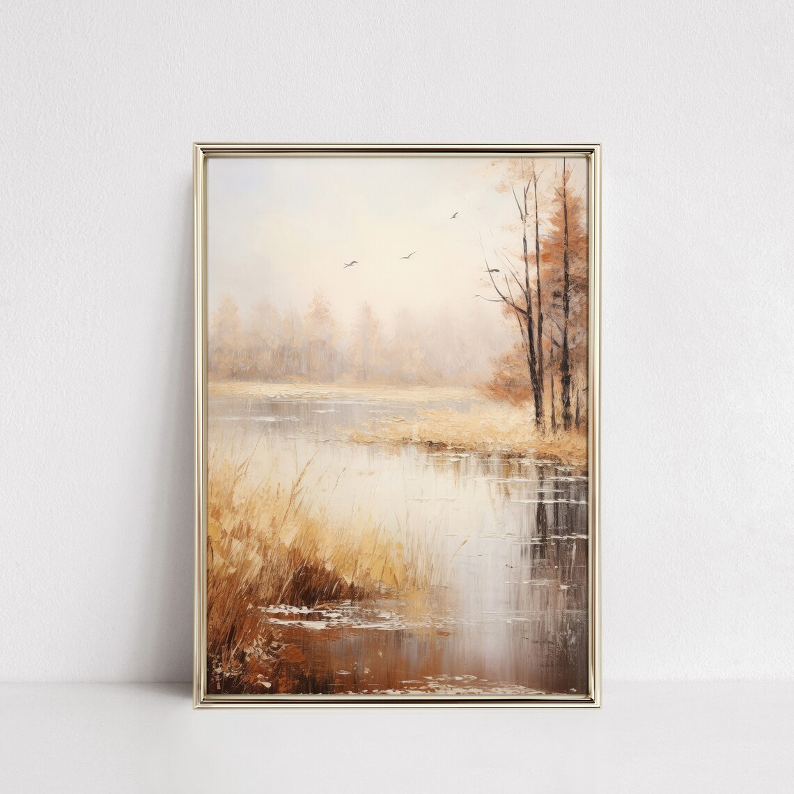 Autumn Lake with Golden Reeds and Bare Trees Misty Warm Landscape Poster - Image 4