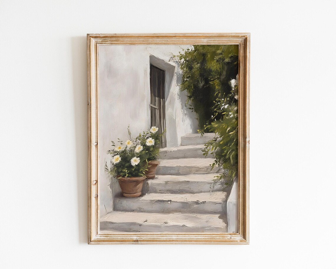 Vintage Shabby Staircase Painting, Rustic Garden Decor
