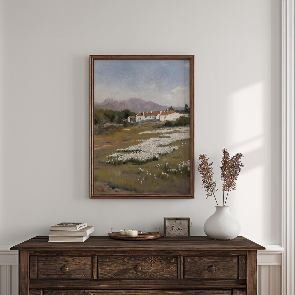 Mountain Village With White Flower Field Vintage Rustic Painting Poster - Image 4