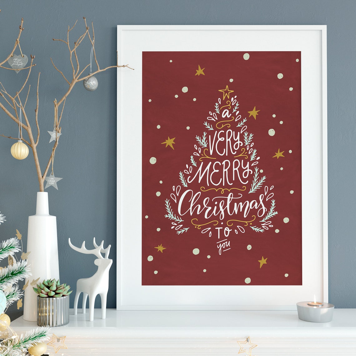 A Very Merry Christmas Hand Lettered Tree Red Gold Holiday Poster - Image 4