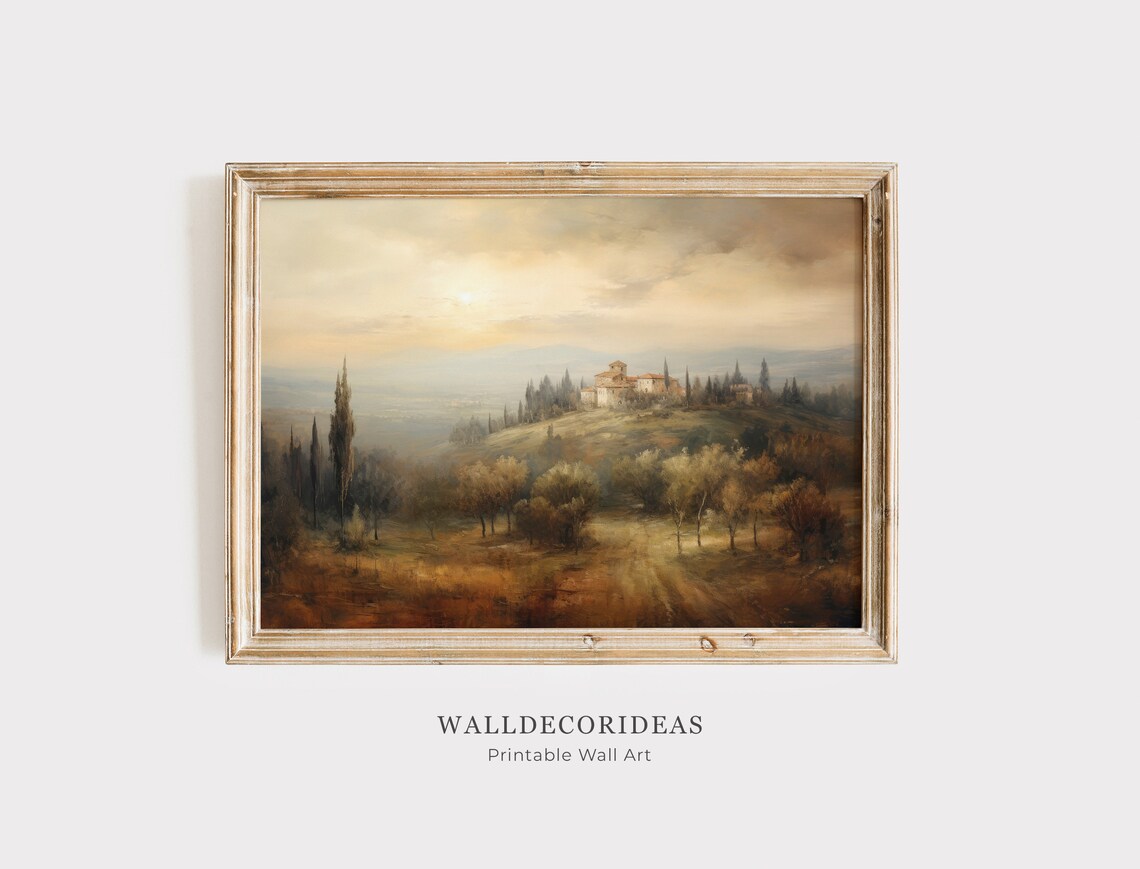 Golden Tuscany Hilltop Villa At Sunset With Cypress Painting Poster