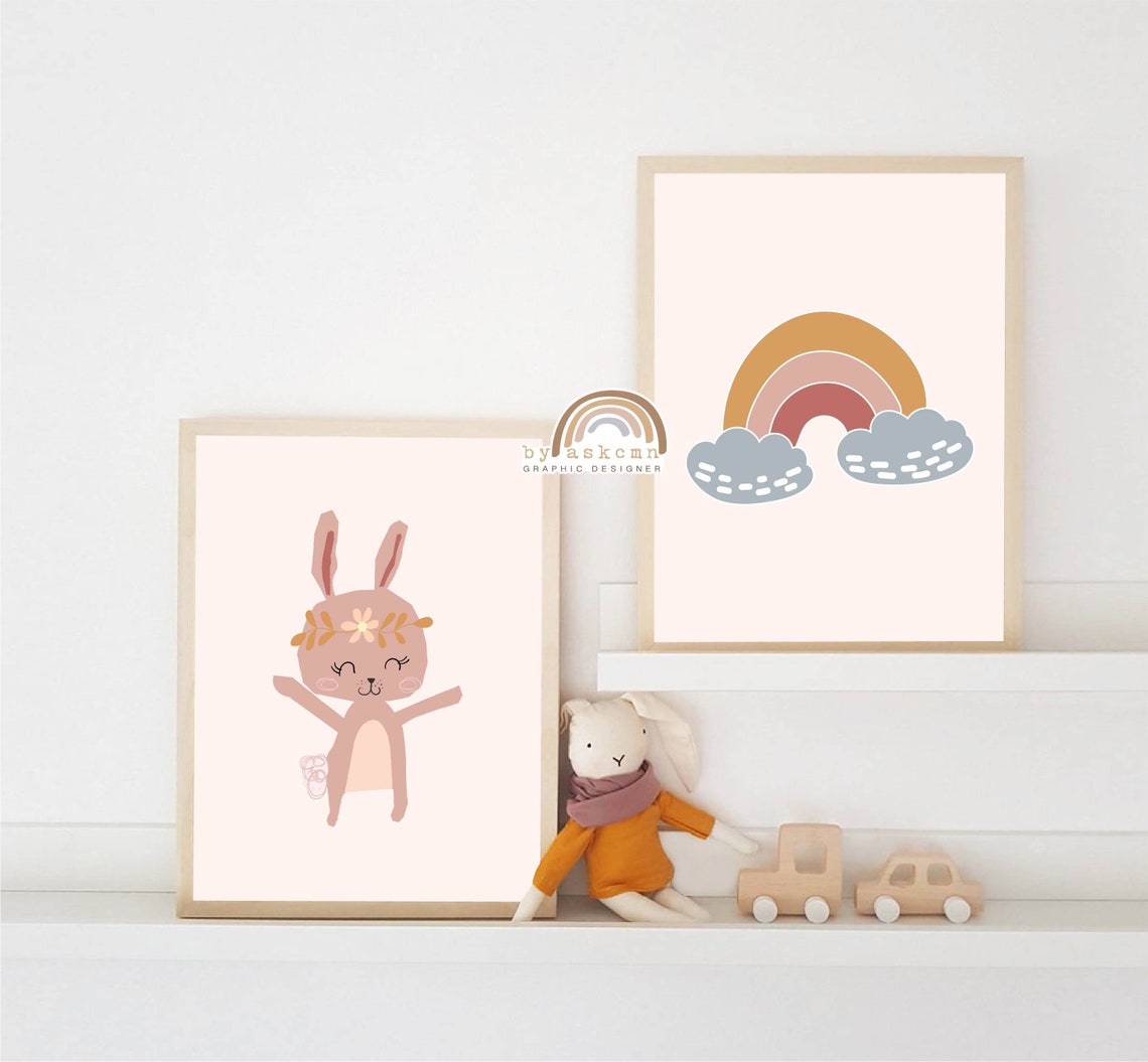 Bunny Print Nursery Baby Room Poster Nursery Wall Art Boho Rainbow Wall Art Boho Nursery Kids Room Poster Girls Bedroom Decor - Image 4