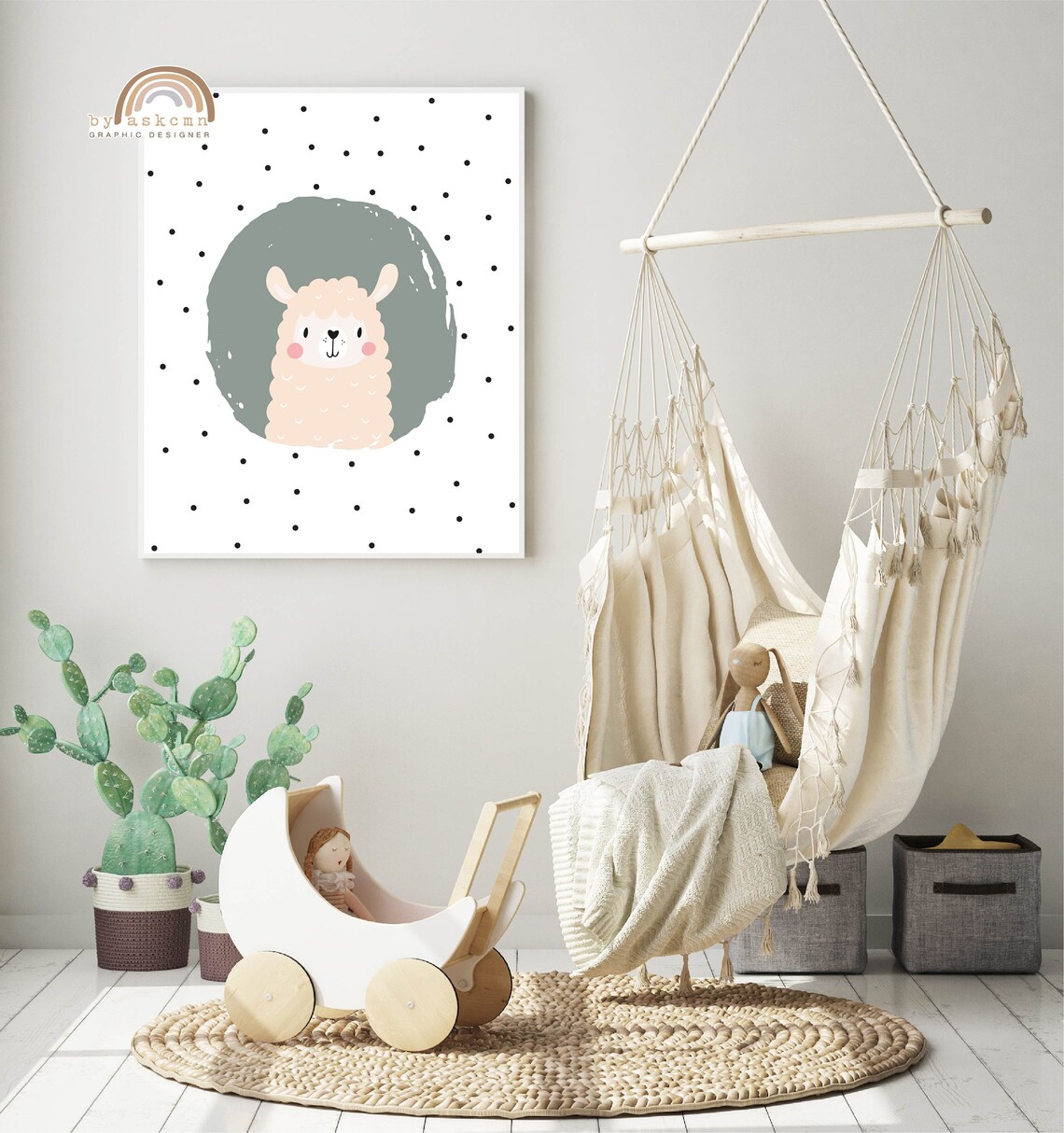 Cute Alpaca Nursery Wall Decor Poster with Sage Green Splash Art - Image 3