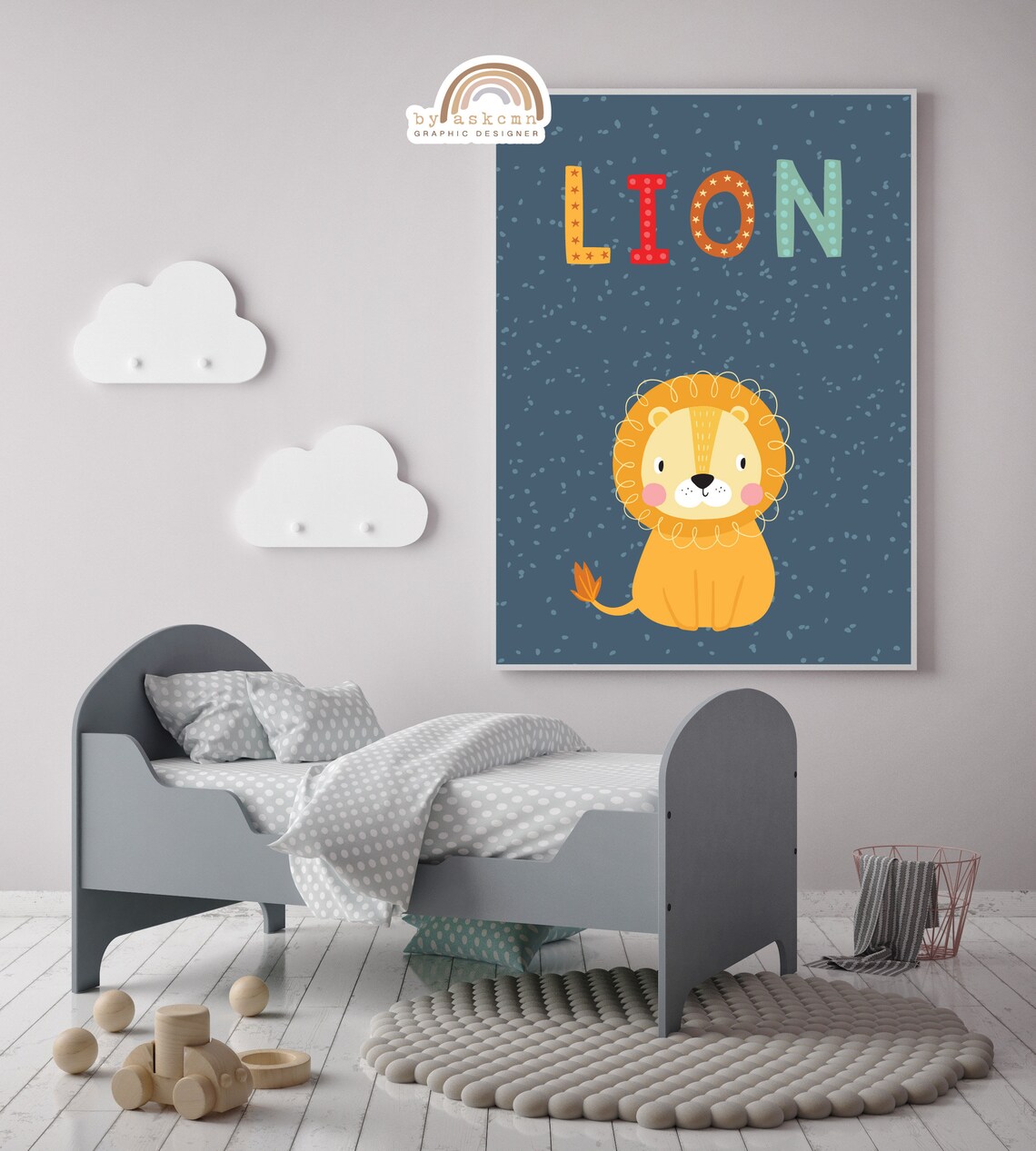 Colorful LION Text With Cute Smiling Lion Cub Navy Nursery Poster - Image 2