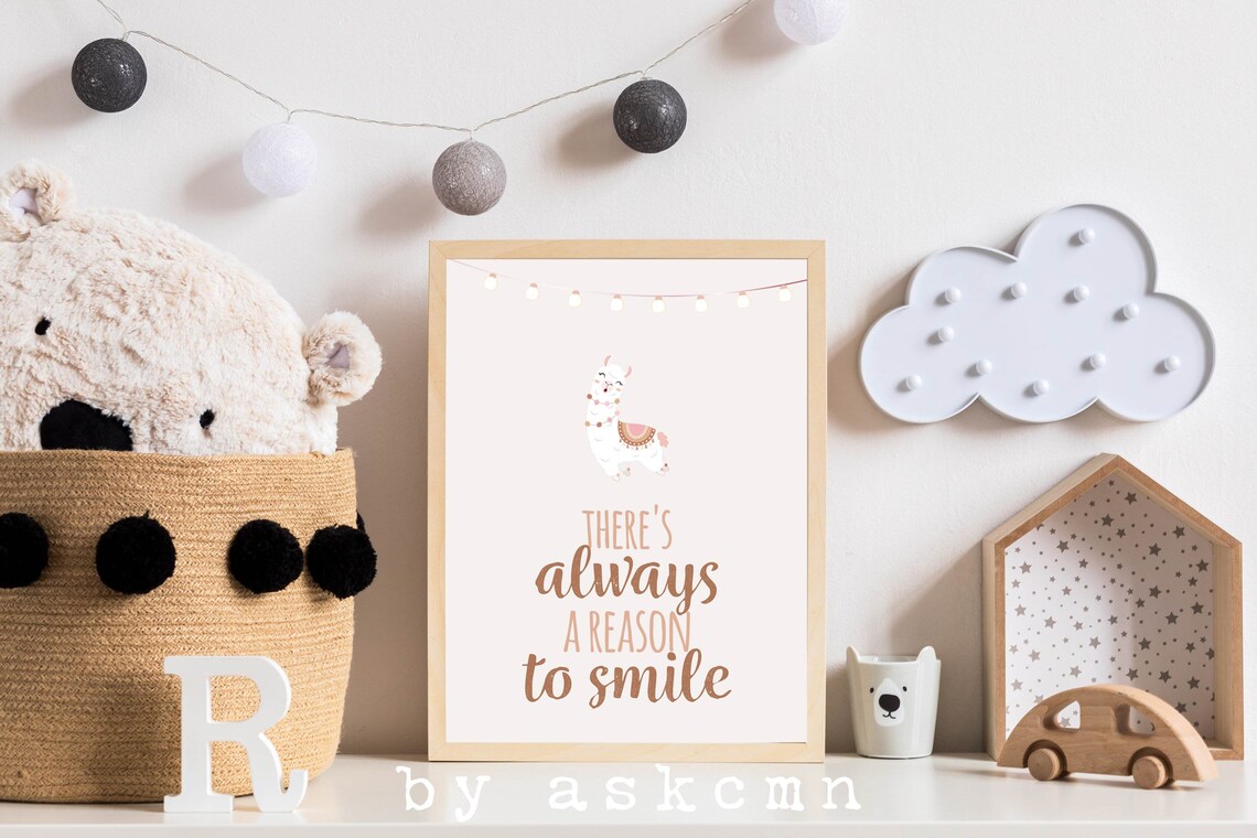 Theres Always A Reason To Smile Llama Kids Room Quote Poster - Image 2