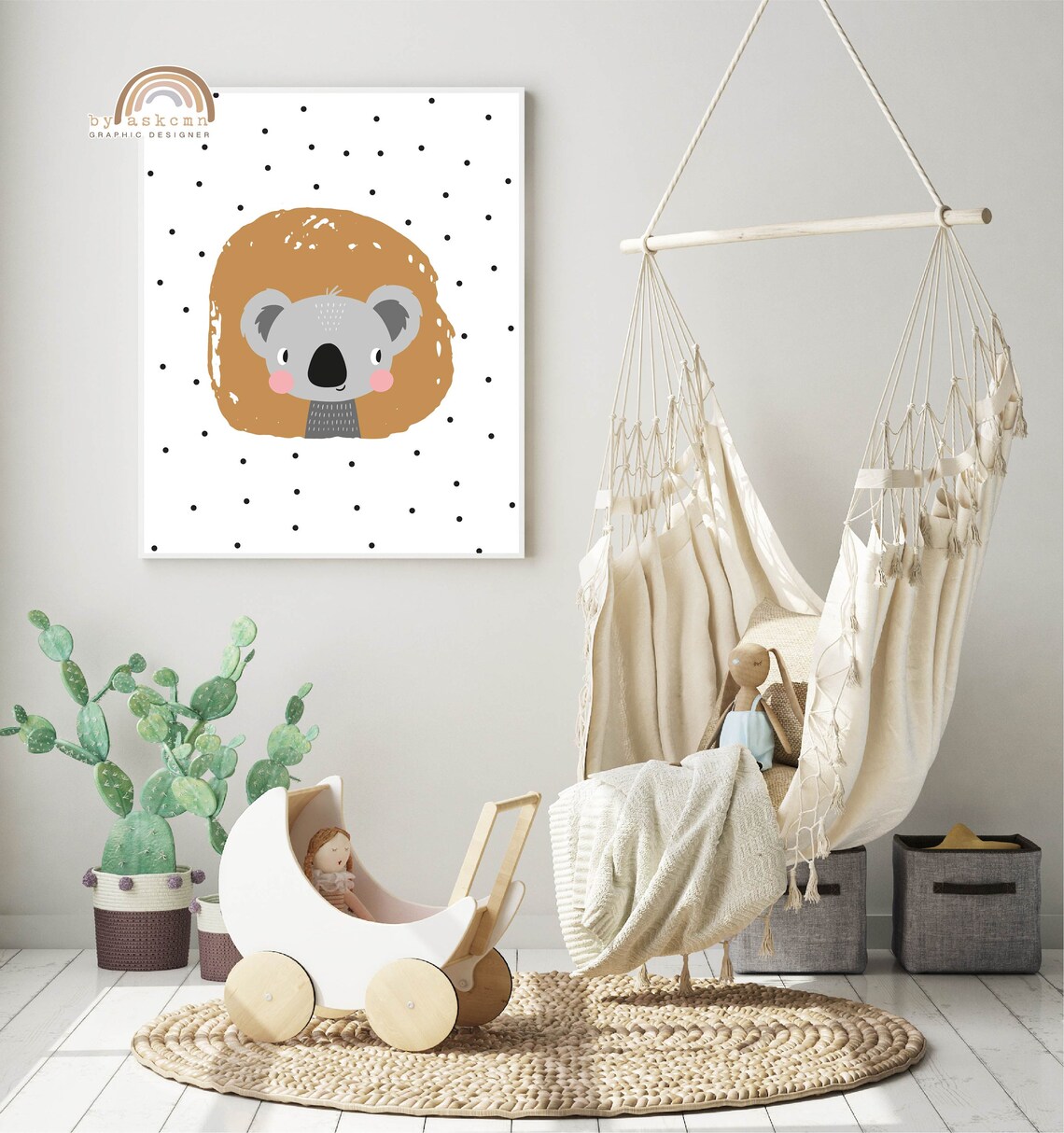 Cute Baby Koala Nursery Tan Circle Safari Kids Room Decor Poster - Image 2