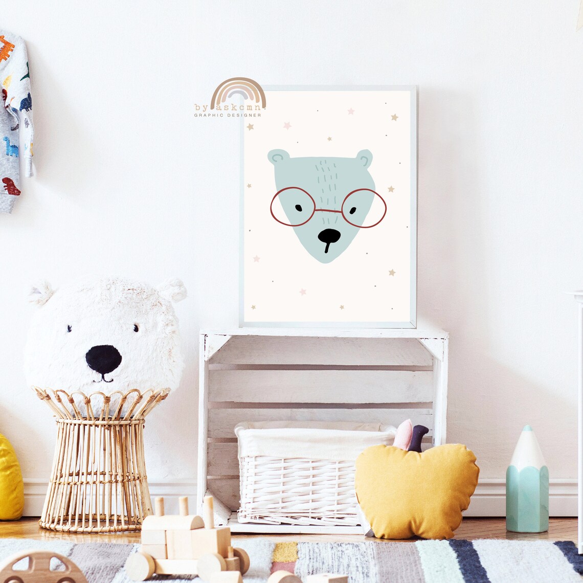 Mint Bear Red Round Glasses Cute Nursery Animal Wall Decor Poster - Image 3