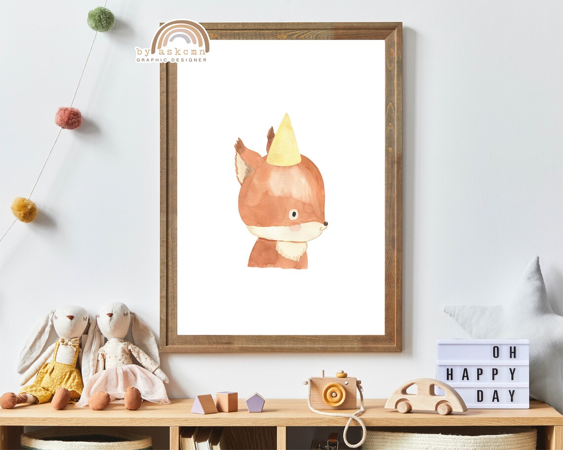 Cute Watercolor Baby Fox Poster with Yellow Party Hat Nursery Art - Image 3