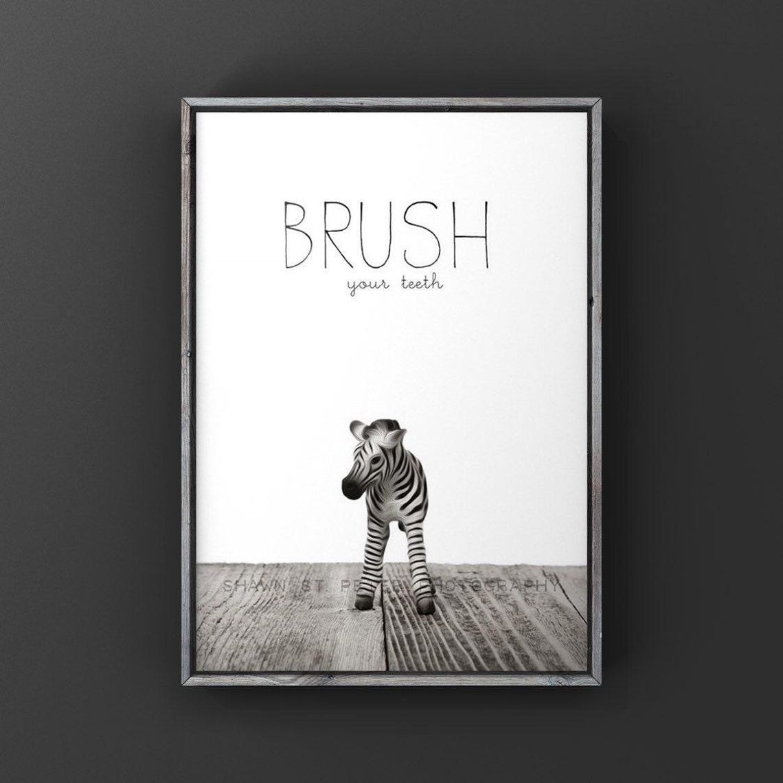 Baby Zebra Brush Your Teeth Kids Bathroom Safari Nursery Print