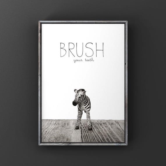 Baby Zebra Brush Your Teeth Photo Print Safari Animals Kids Bathroom Art Wall Prints Children Room Decor