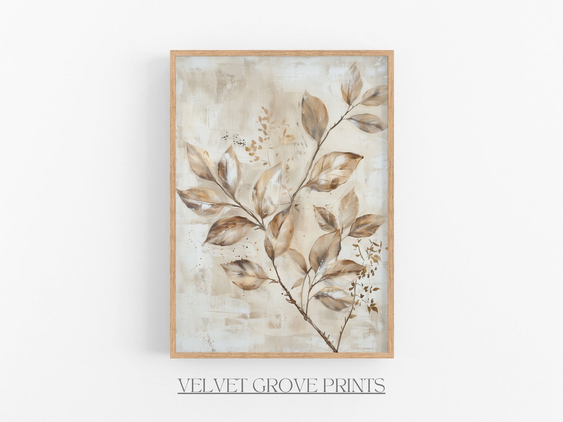 Golden Beige Leaf Branch Botanical Abstract Neutral Decorative Poster