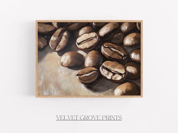 Close Up Roasted Coffee Beans Oil Painting Vintage Cafe Art Print