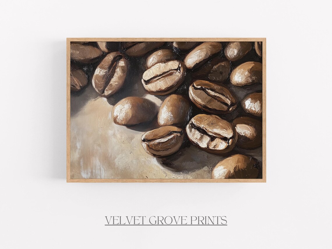 Close Up Roasted Coffee Beans Oil Painting Vintage Cafe Art Print