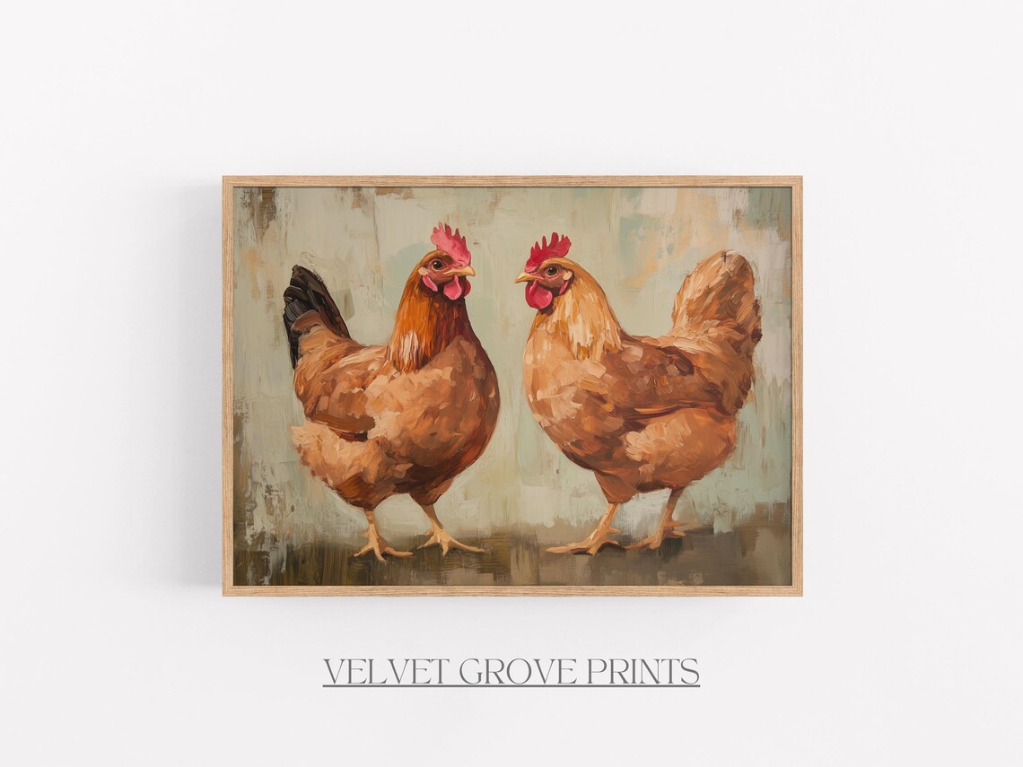 Two Brown Chickens Vintage Farmhouse Oil Painting Art Poster