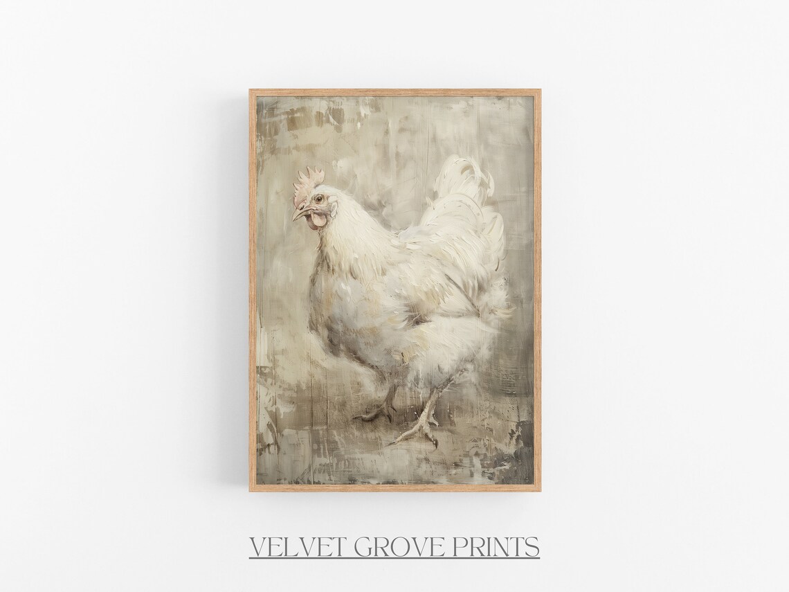 Vintage White Chicken Art Print, Farmhouse Decor
