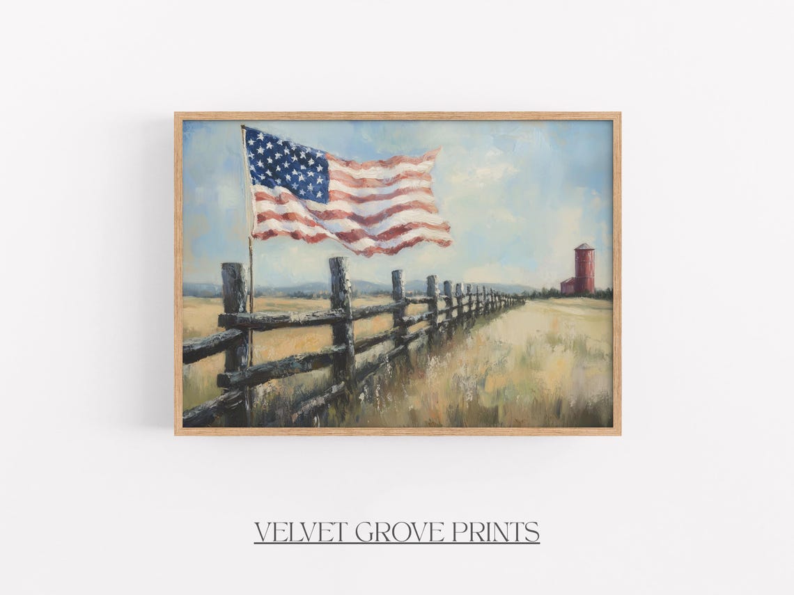 American Flag Over Wooden Fence Rustic Countryside Painting Print