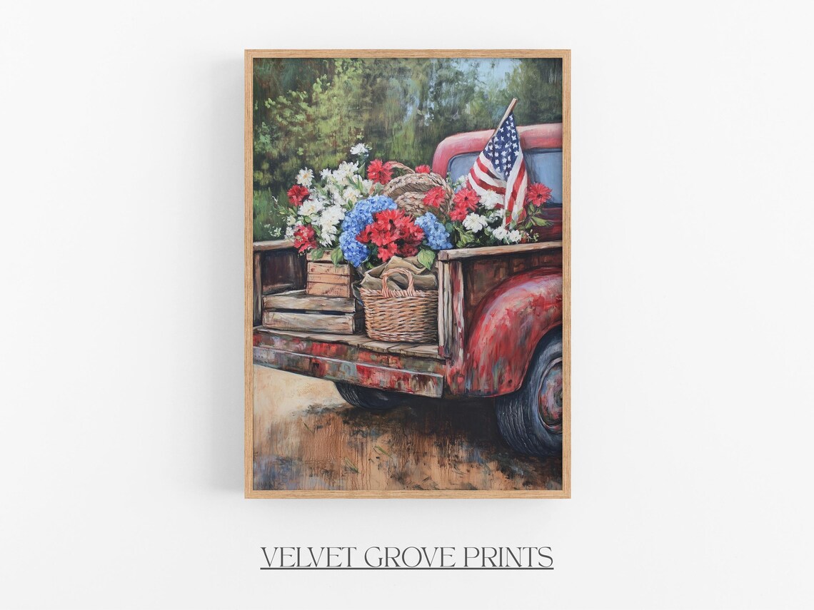 Vintage Red Truck With Flowers and Flag Patriotic Summer Print