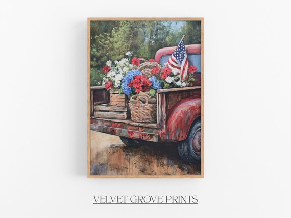 Vintage Red Truck With Flowers and Flag Patriotic Summer Print