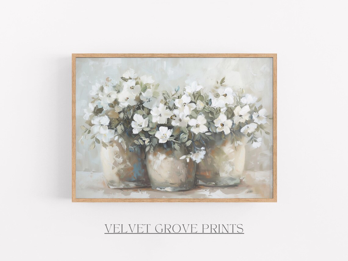 White Flowers In Three Pots Soft Neutral Floral Oil Painting Poster