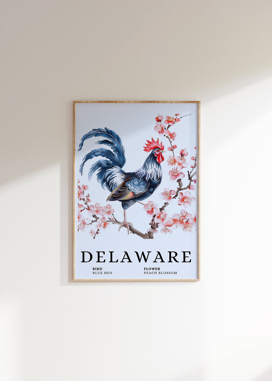 Delaware Blue Hen Peach Blossom Bird and Flower Botanical Print