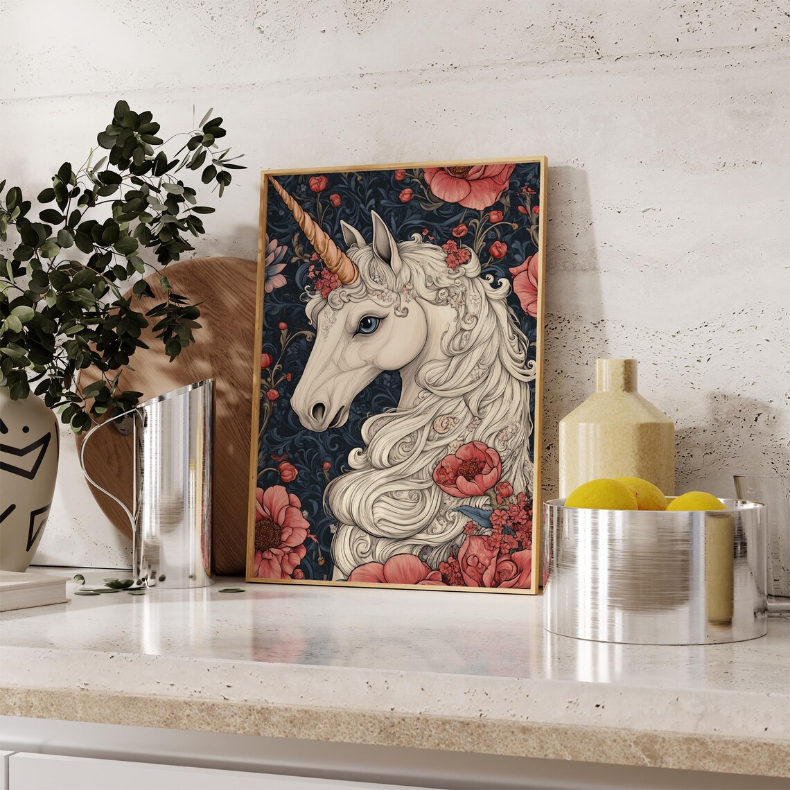 Mystical White Unicorn Portrait Pink Poppies William Morris Style Poster - Image 2