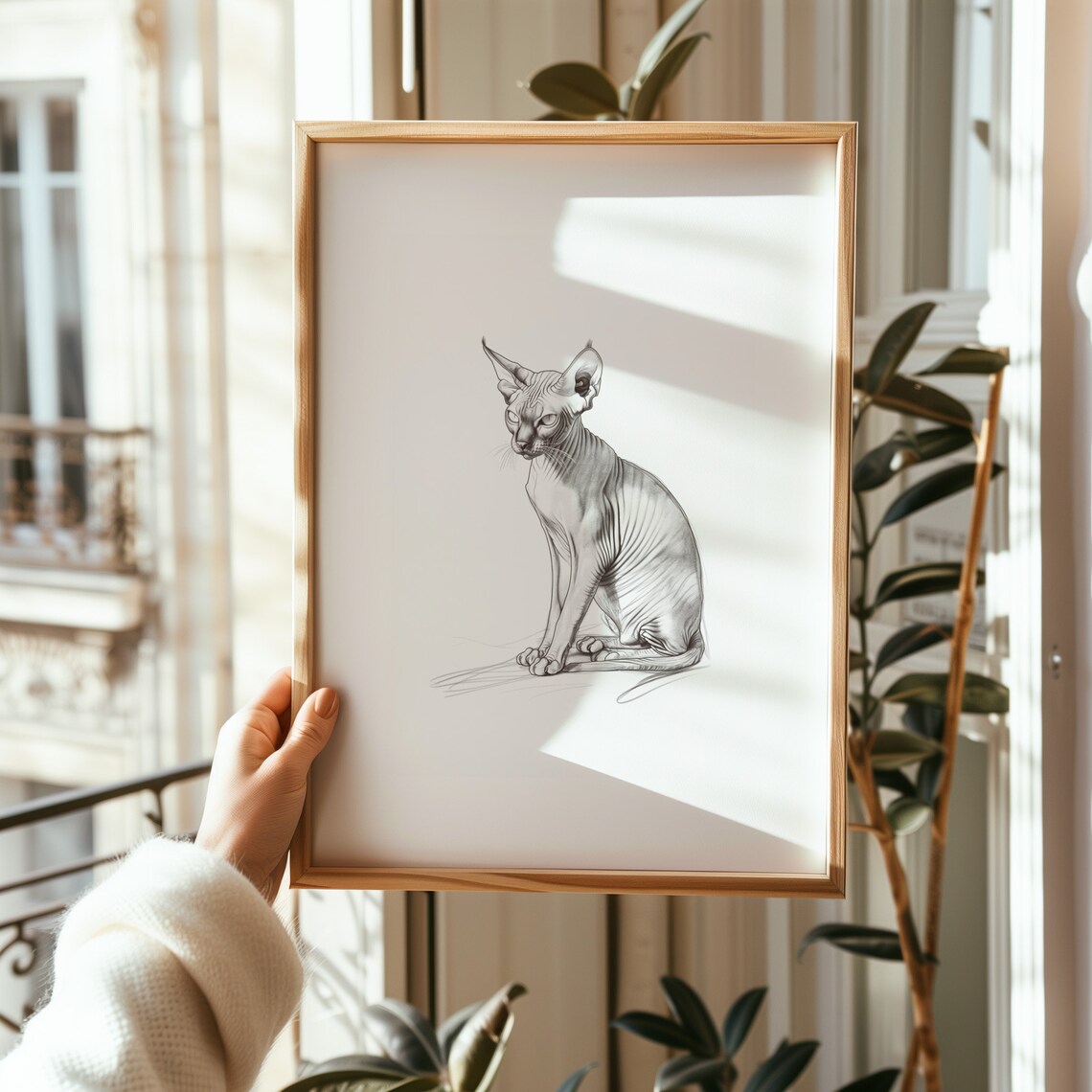 Sphynx Cat Sitting Pencil Sketch Hairless Cat Portrait Minimalist Art Print - Image 3