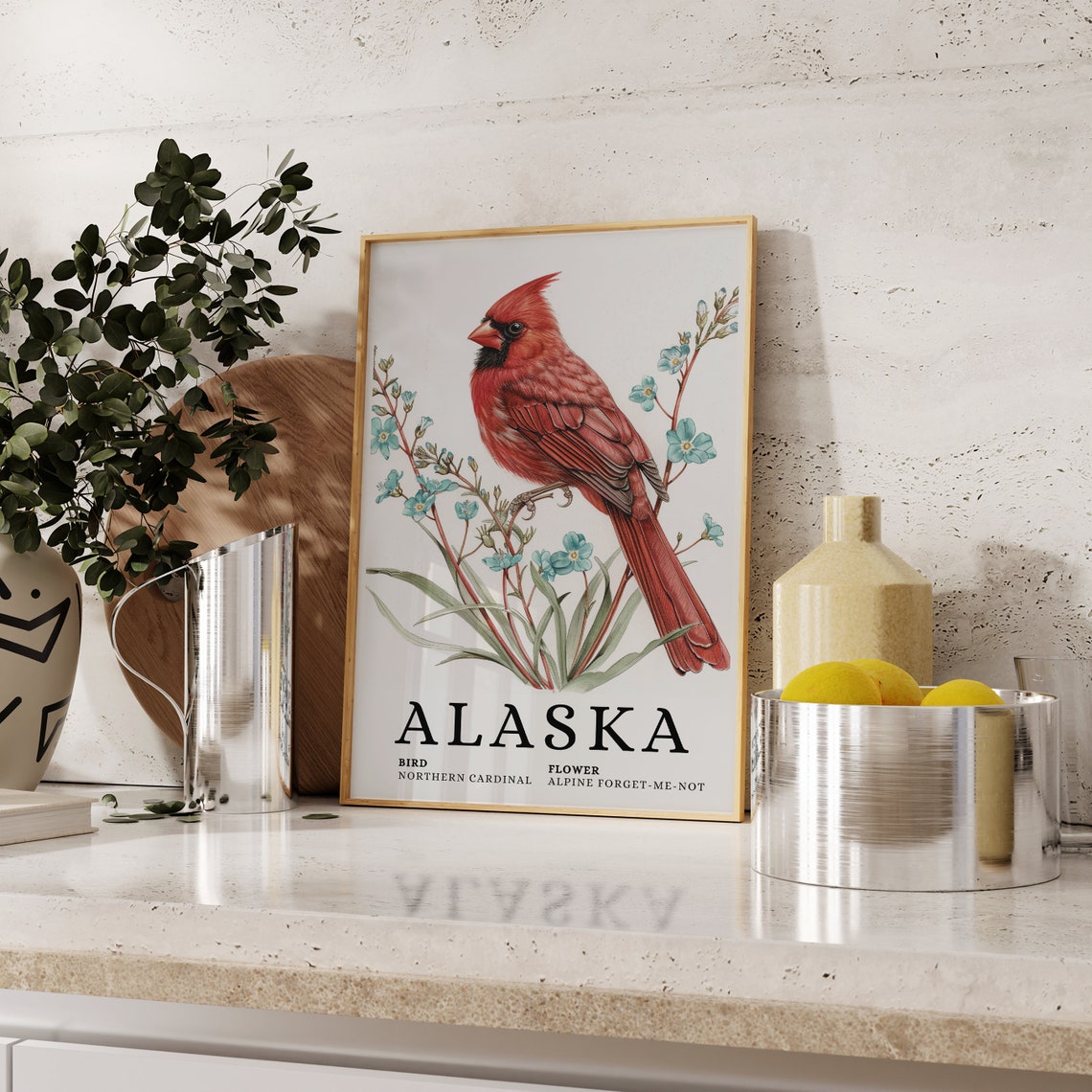 Alaska Northern Cardinal Alpine Forget-Me-Not Bird Flower Art - Image 2