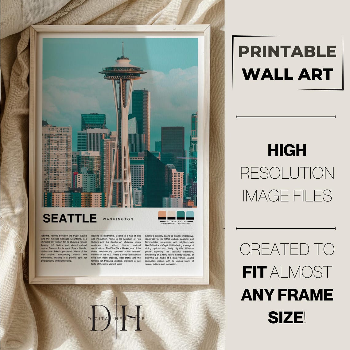 Seattle Washington Space Needle Downtown Skyline City Travel Poster