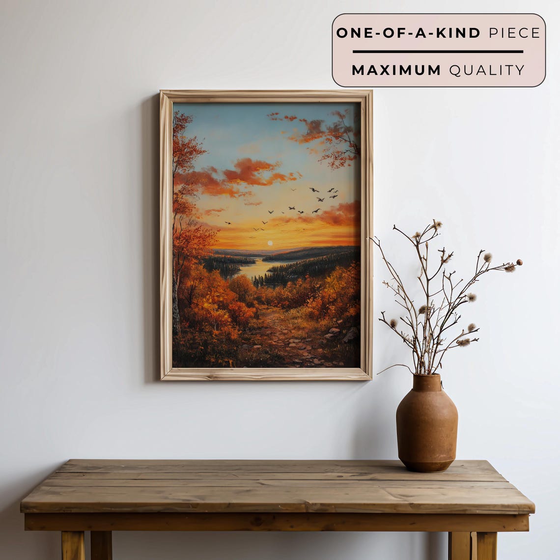 Autumn Sunset Over Lake Birds Flying Orange Sky Fall Nature Poster - Image 3