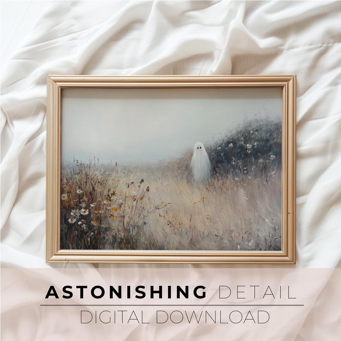 Lone Ghost In Misty Wildflower Meadow Ethereal Spooky Halloween Poster - Image 3