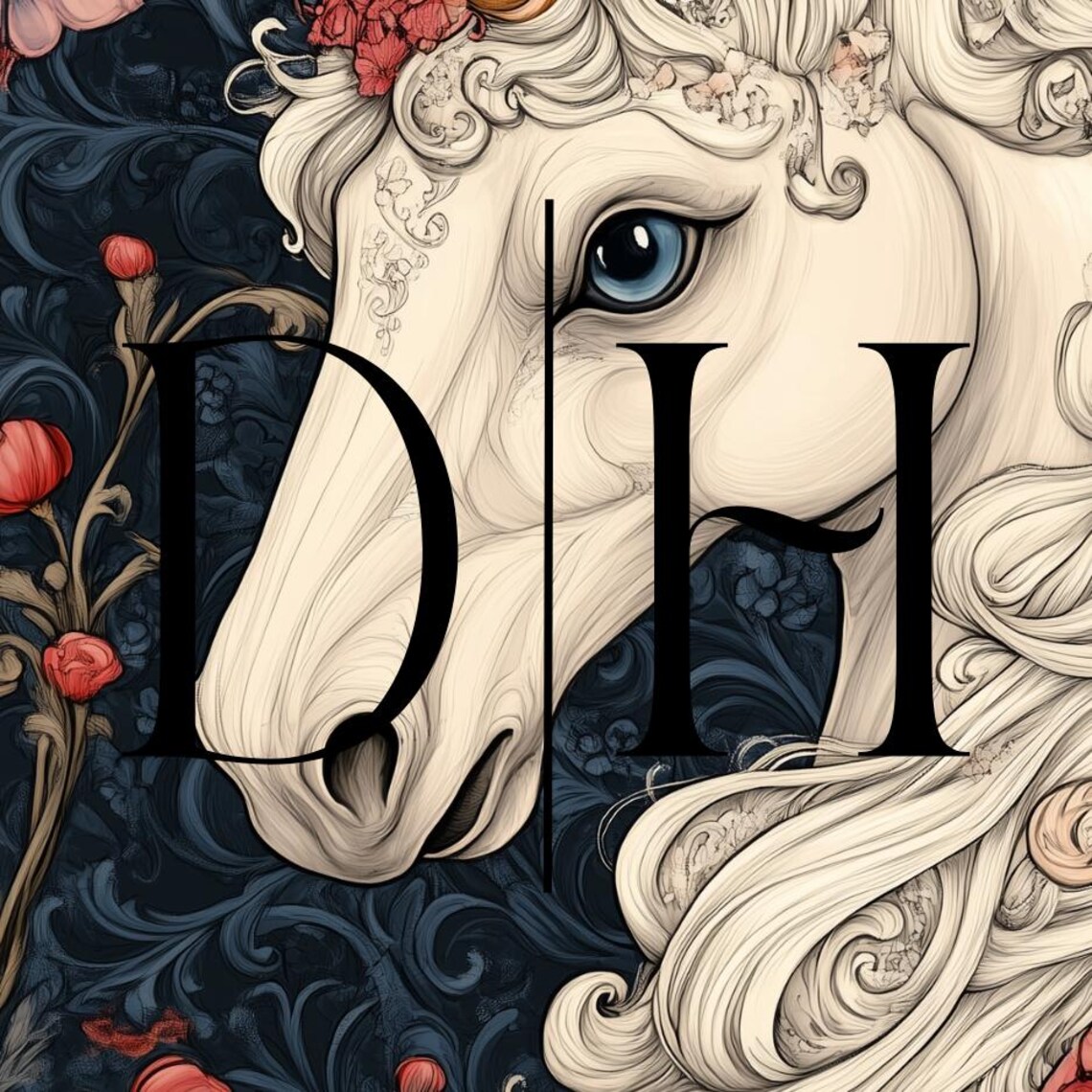 Mystical White Unicorn Portrait Pink Poppies William Morris Style Poster - Image 3