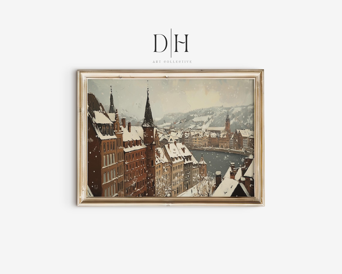Snowy European Old Town Church Spires Winter Cityscape Art Poster