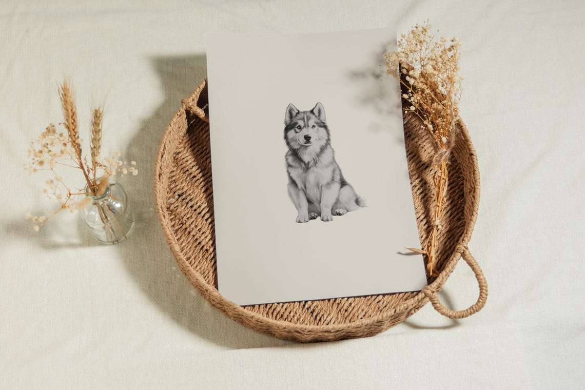 Alaskan Malamute Sitting Portrait Minimalist Beige Neutral Dog Poster - Image 2