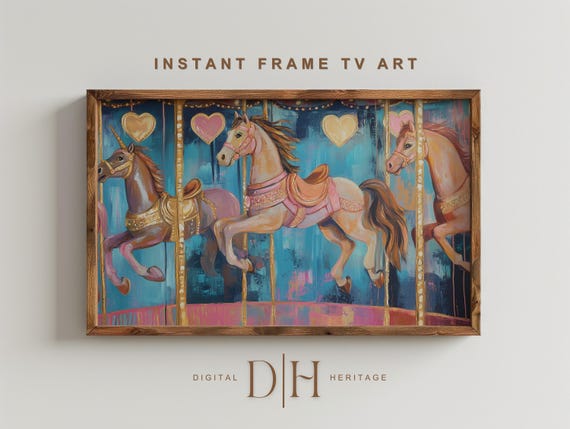 Valentines Frame Tv Art Vintage Carousel Cute Romantic Fantasy Painting Pink And Blue Whimsical Horse Artwork Valentines Decor Tv Art