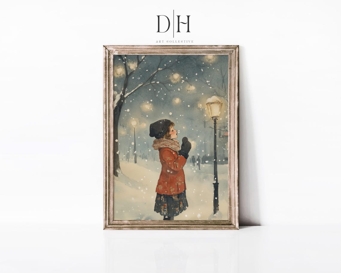Winter Girl Red Coat Catching Snowflakes Lamppost Snowy Night Poster