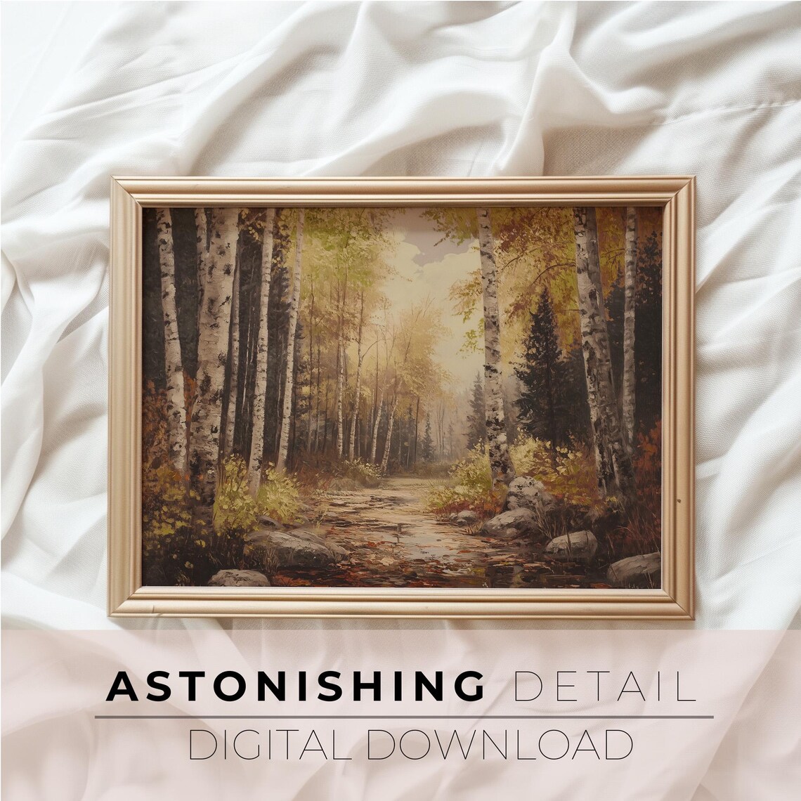 Golden Autumn Birch Forest Sunlit Pathway Vintage Woodland Art Poster - Image 2
