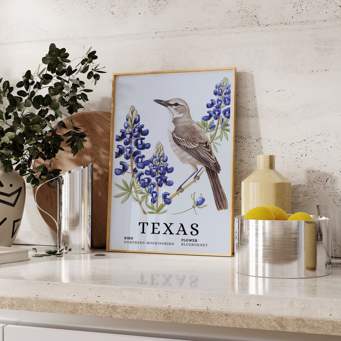 Texas Northern Mockingbird Bluebonnet Bird and Flower Art Print - Image 2