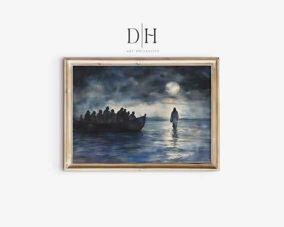 Christian Art Print Vintage Moody Christ Painting Jesus Walking On Water Spiritual Wall Decor