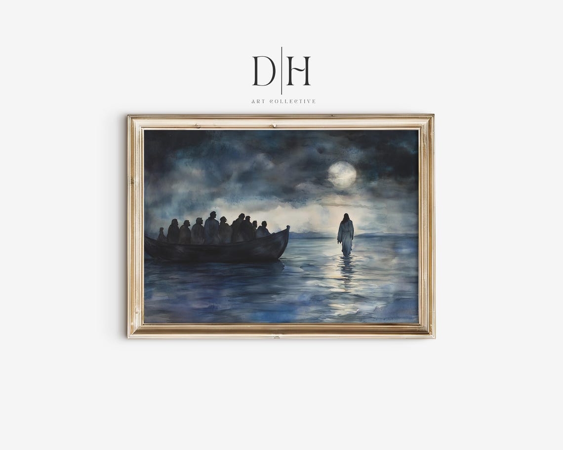 Jesus Walking On Water Moonlit Night Vintage Christian Art Wall Print