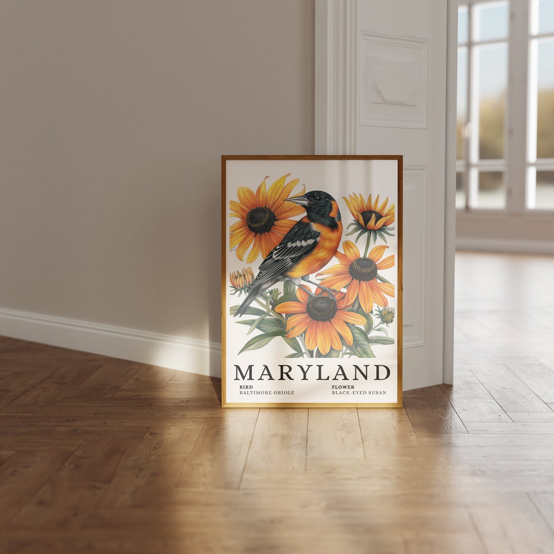 Maryland Baltimore Oriole And Black Eyed Susan Botanical Art Print - Image 3