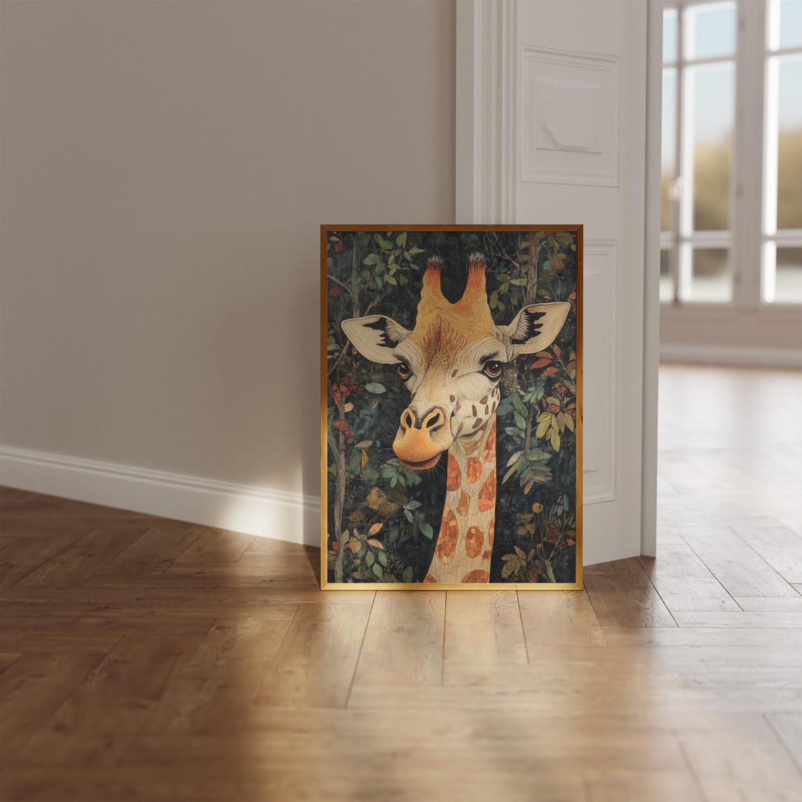 Giraffe Face Close Up Dark Foliage Mosaic Style Wildlife Art Poster - Image 2