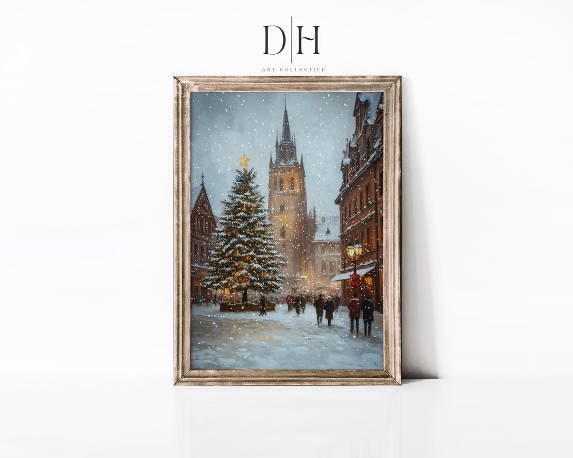 European Christmas Town Square Decorated Tree Snowy Holiday Poster