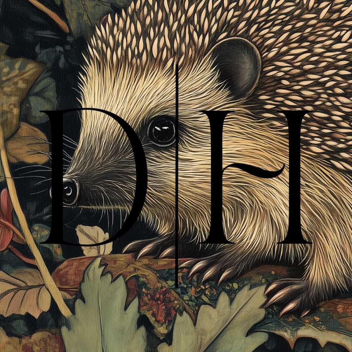 Hedgehog Among Autumn Leaves Red Blossoms Dark Forest Floor Art Poster - Image 2